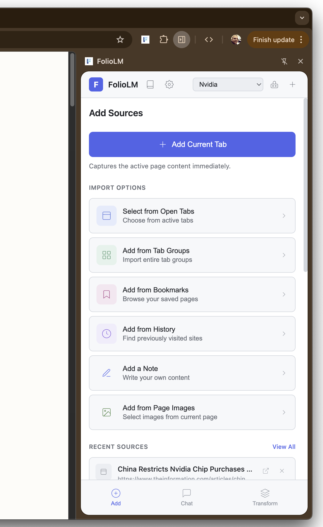 FolioLM source collection interface